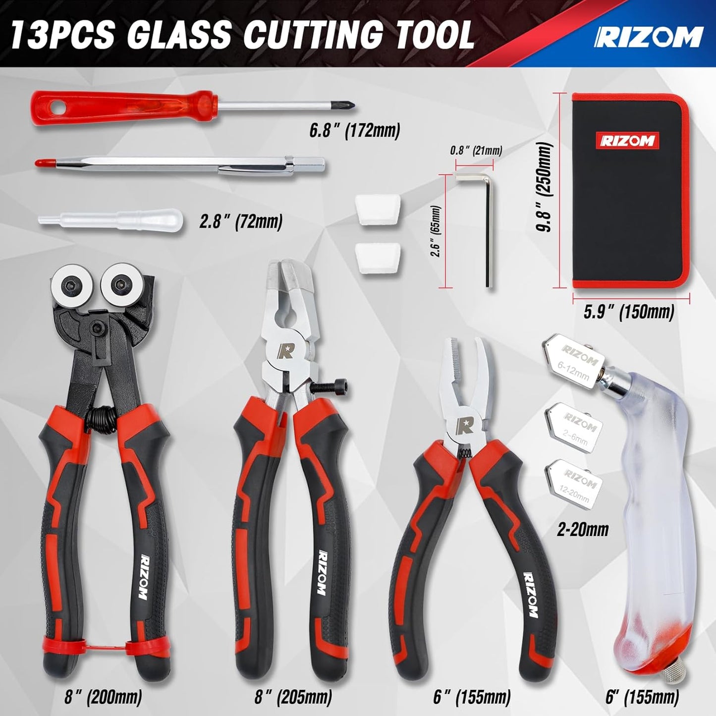Rizom Glass Cutting Tool, Glass Cutter 2-20MM, 8" Tile Nippers, 8" Glass Running Pliers with Curved Jaws, 6" Breaker Grozer Pliers, Glass Cutter Kit for Stained Glass, Tiles, Mosaic Cutting