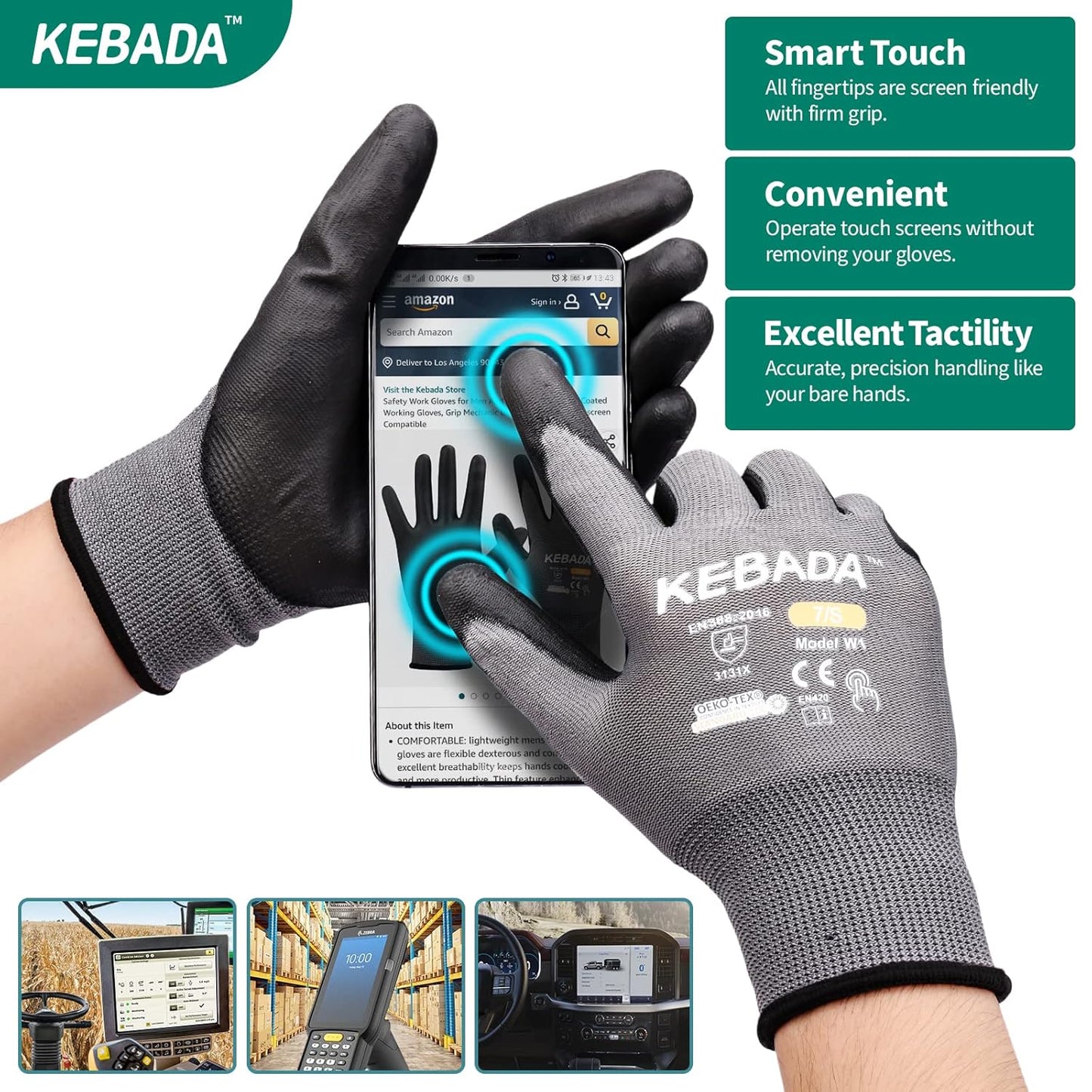 Kebada W1 Work Gloves for Men and Women, PU Coated Safety Gloves with Grip, Touchscreen, Ideal for Warehouse Package Handling, Construction, Gardening, Gray Large