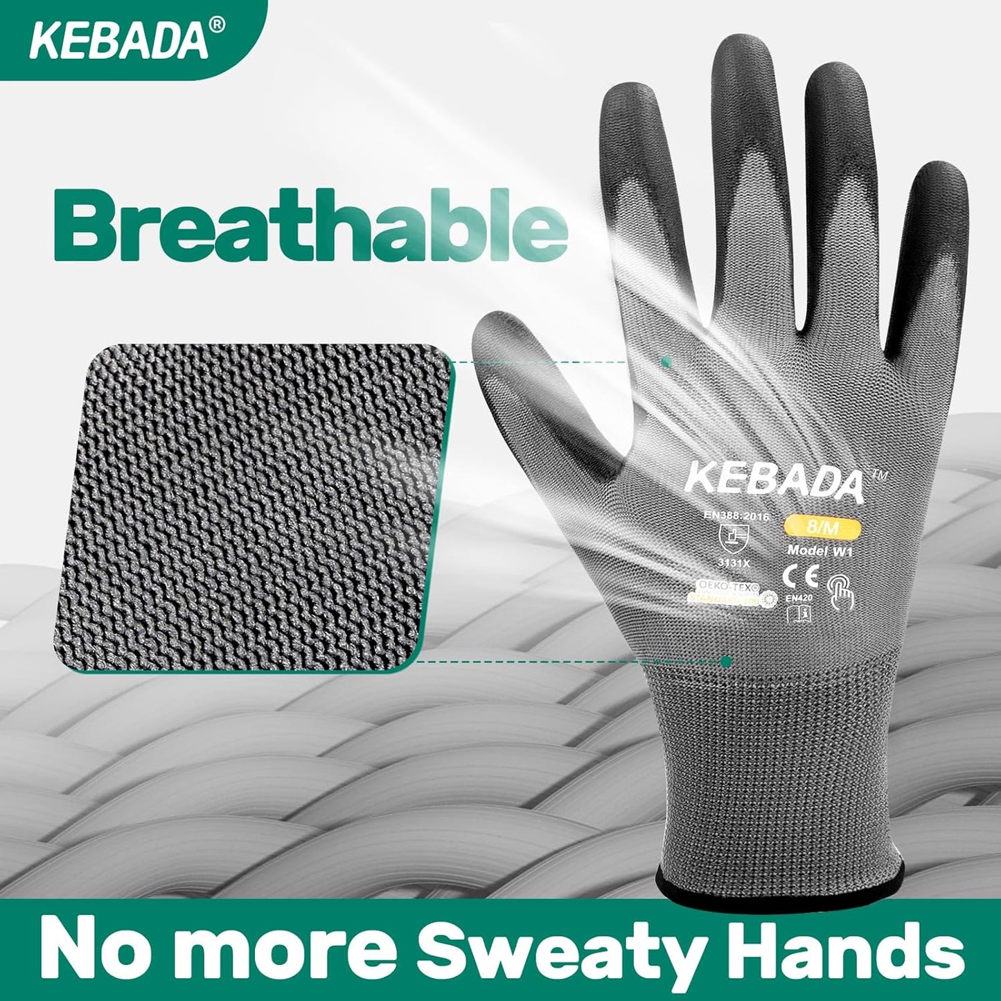 Kebada W1 Work Gloves for Men and Women, PU Coated Safety Gloves with Grip, Touchscreen, Ideal for Warehouse Package Handling, Construction, Gardening, Gray Large