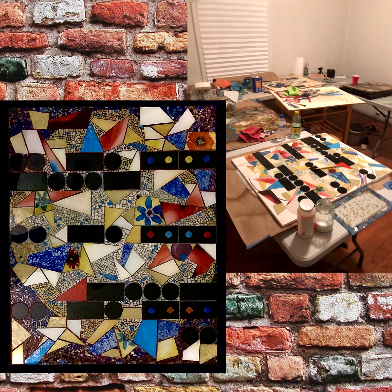 The Original 20x30 I -n- HIM…I is made up of tesserae from previous glass mosaic projects. Small and large colorful fragments and some with floral accent designs.