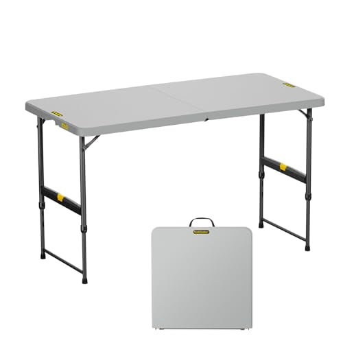 FanttikOutdoor Zeta X4 Pro, 4ft Portable Folding Table, One-Handed Height Adjustment, 4 Heights, Gravity Lock, Carry Handle, Indoor Outdoor Heavy Duty Fold-in-Half Utility Table, Party, Granite White