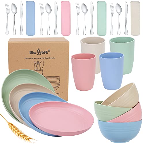 28PCS Wheat Straw Dinnerware Set for 4, Kitchen Wheat Straw Plates and Bowls Sets, College Dorm Dinnerware Dishes Set for 4 with Cutlery Set (Gray)