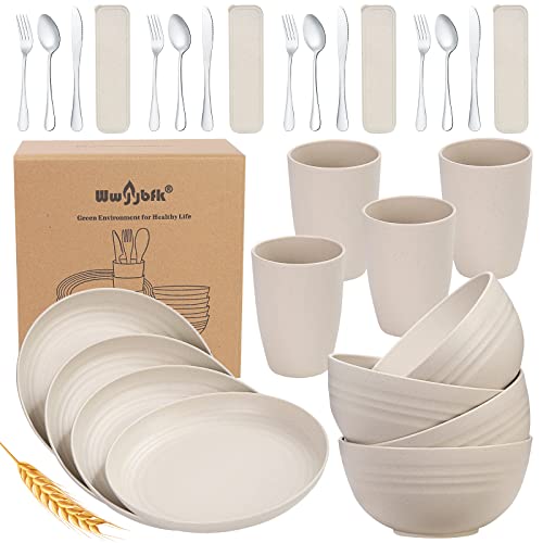 28PCS Wheat Straw Dinnerware Set for 4, Kitchen Wheat Straw Plates and Bowls Sets, College Dorm Dinnerware Dishes Set for 4 with Cutlery Set (Gray)