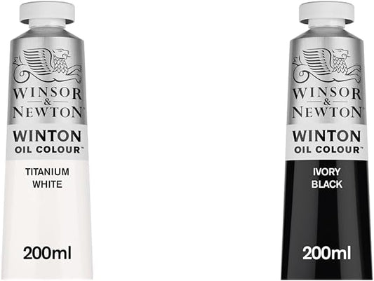Winsor & Newton Winton Oil Colour Bundle, 2 x 200ml (6.75-oz) Tubes, Titanium White & Ivory Black