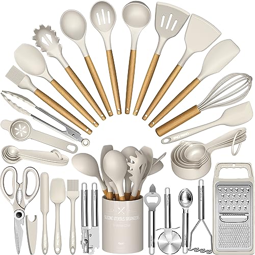 Kitchen Utensils Set- 34PCS Silicone Cooking Utensils with Holder, Umite Chef Heat Resistant Kitchen Utensil Spatula Set for Nonstick Cookware, Black Wooden Handles Kitchen Gadgets Tools Set