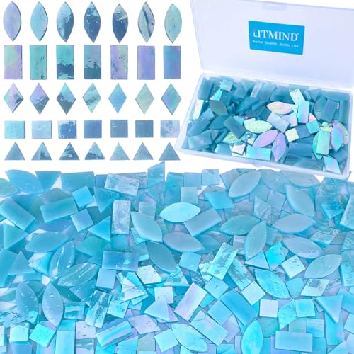 LITMIND Iridescent Glass Mosaic Tiles for Crafts, 240 Pieces 5 Shapes Mixed Stained Glass Sheets, Mosaic Kits for Adults (Iridescent Mix)