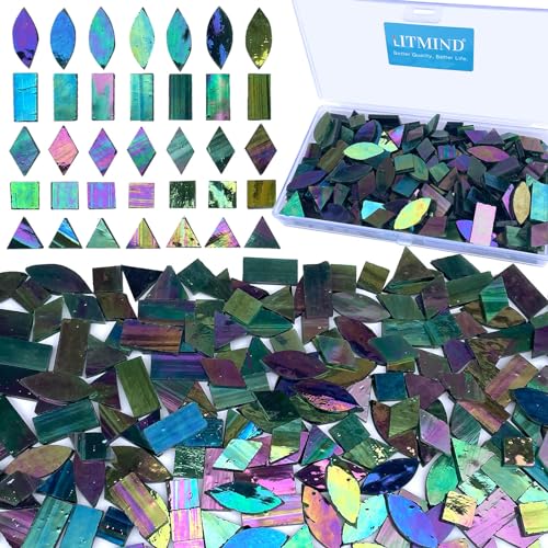 LITMIND Iridescent Glass Mosaic Tiles for Crafts, 240 Pieces 5 Shapes Mixed Stained Glass Sheets, Mosaic Kits for Adults (Iridescent Mix)