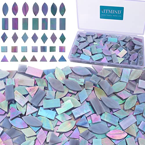 LITMIND Iridescent Glass Mosaic Tiles for Crafts, 240 Pieces 5 Shapes Mixed Stained Glass Sheets, Mosaic Kits for Adults (Iridescent Mix)