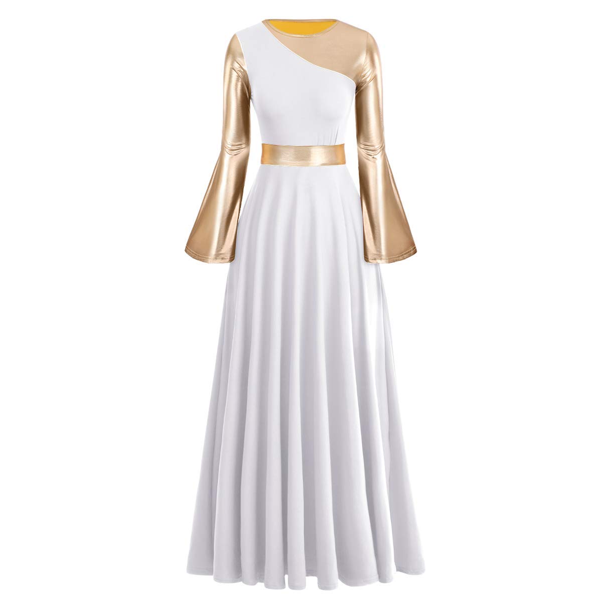 IBAKOM Liturgical Praise Dance Worship Long Dress for Women Metallic Gold Color Block Loose Fit Full Length Church Dancewear