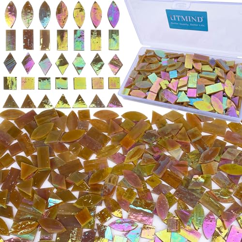 LITMIND Iridescent Glass Mosaic Tiles for Crafts, 240 Pieces 5 Shapes Mixed Stained Glass Sheets, Mosaic Kits for Adults (Iridescent Mix)