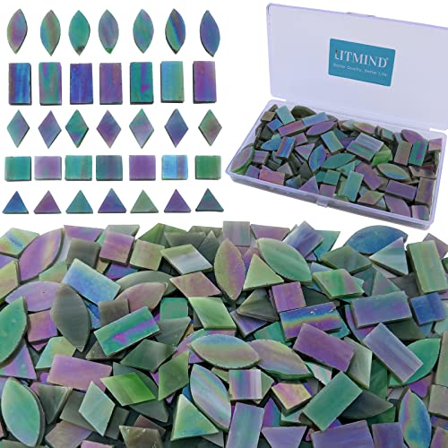 LITMIND Iridescent Glass Mosaic Tiles for Crafts, 240 Pieces 5 Shapes Mixed Stained Glass Sheets, Mosaic Kits for Adults (Iridescent Mix)