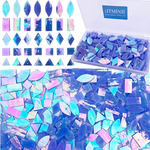 LITMIND Iridescent Glass Mosaic Tiles for Crafts, 240 Pieces 5 Shapes Mixed Stained Glass Sheets, Mosaic Kits for Adults (Iridescent Mix)