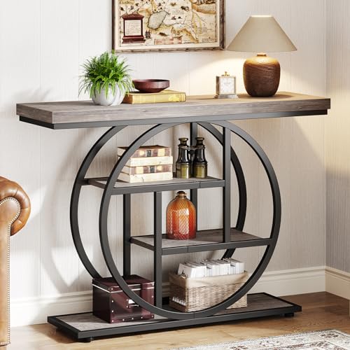 Tribesigns 41.3" Console Table, Industrial 4-Tier Sofa Table Entryway Table with Circle Base, Narrow Wood Accent Tables with Storage Shelves for Living Room, Hallway, Foyer, Rustic Brown