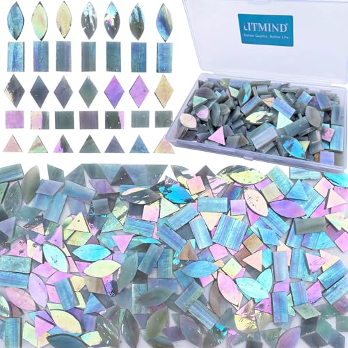 LITMIND Iridescent Glass Mosaic Tiles for Crafts, 240 Pieces 5 Shapes Mixed Stained Glass Sheets, Mosaic Kits for Adults (Iridescent Mix)