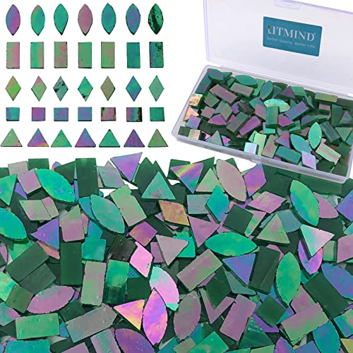 LITMIND Iridescent Glass Mosaic Tiles for Crafts, 240 Pieces 5 Shapes Mixed Stained Glass Sheets, Mosaic Kits for Adults (Iridescent Mix)