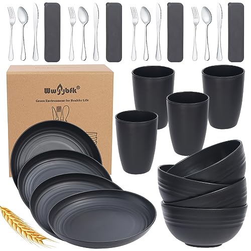 28PCS Wheat Straw Dinnerware Set for 4, Kitchen Wheat Straw Plates and Bowls Sets, College Dorm Dinnerware Dishes Set for 4 with Cutlery Set (Gray)