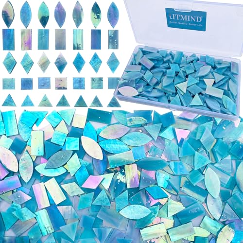 LITMIND Iridescent Glass Mosaic Tiles for Crafts, 240 Pieces 5 Shapes Mixed Stained Glass Sheets, Mosaic Kits for Adults (Iridescent Mix)