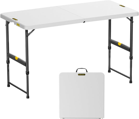 FanttikOutdoor Zeta X4 Pro, 4ft Portable Folding Table, One-Handed Height Adjustment, 4 Heights, Gravity Lock, Carry Handle, Indoor Outdoor Heavy Duty Fold-in-Half Utility Table, Party, Granite White