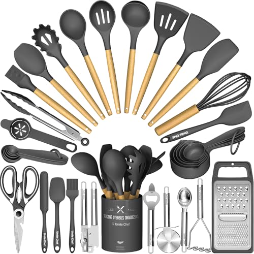 Kitchen Utensils Set- 34PCS Silicone Cooking Utensils with Holder, Umite Chef Heat Resistant Kitchen Utensil Spatula Set for Nonstick Cookware, Black Wooden Handles Kitchen Gadgets Tools Set