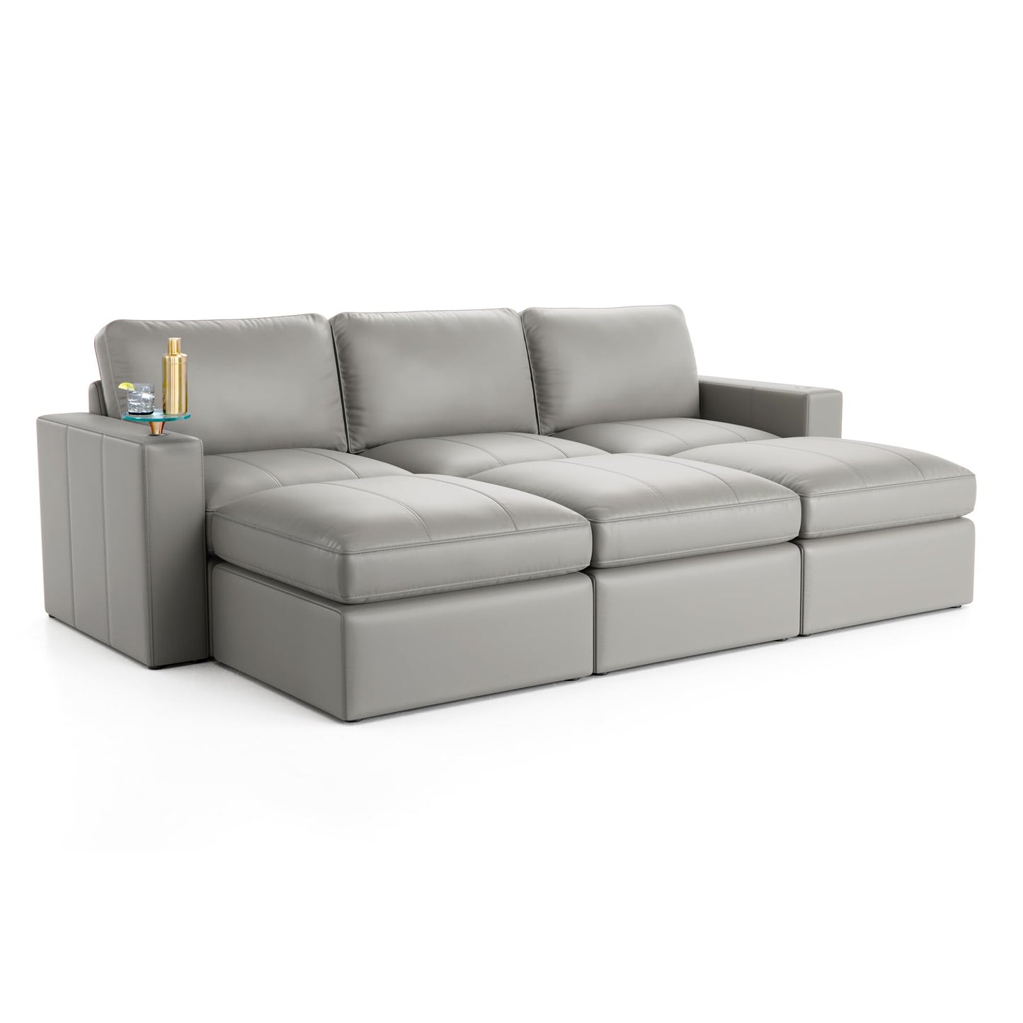 Seatcraft Wilshire Sofa with Two Ottomans, Italian Leather, Living Room, Down Feather Lining, Strong Engineered Reinforced Wood Frame, Gray