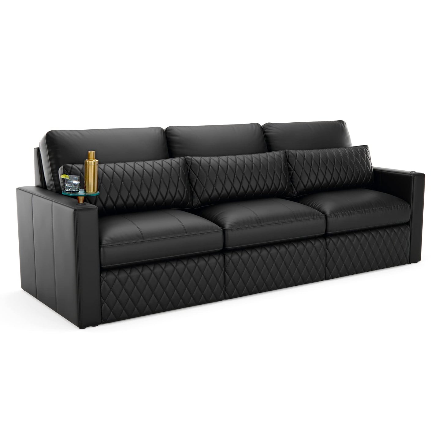 Seatcraft Diamante Sofa w/Three Ottomans, Living Room, Italian Leather, Down Feather Lining, Strong Engineered Reinforced Wood Frame, Black