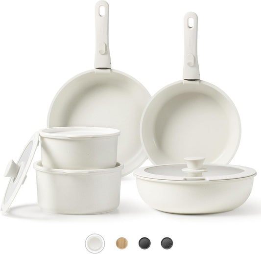 CAROTE Pots and Pans Set Non Stick, Cookware Sets, 11pcs Kitchen Set, Oven/Fridge Safe, Space Saving Pots Set, Nonstick Set with Versatile Removable/Detachable Handle, Induction RV Set, Cream White