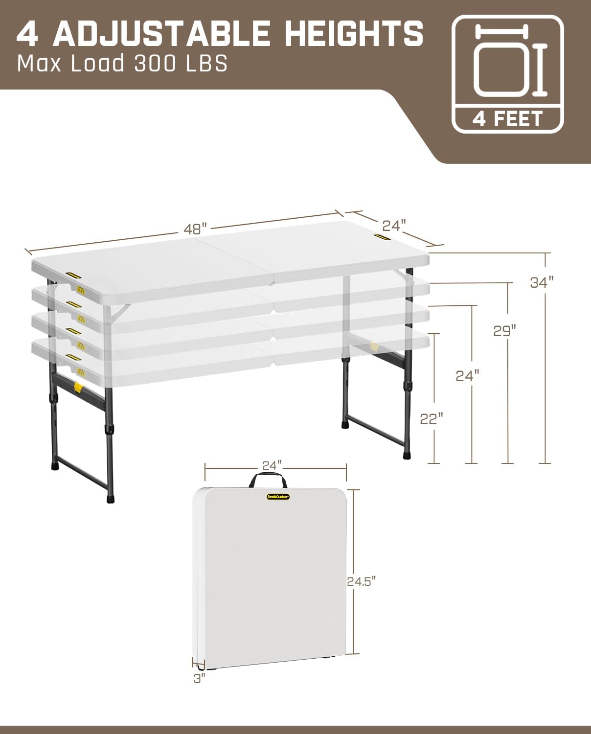 FanttikOutdoor Zeta X4 Pro, 4ft Portable Folding Table, One-Handed Height Adjustment, 4 Heights, Gravity Lock, Carry Handle, Indoor Outdoor Heavy Duty Fold-in-Half Utility Table, Party, Granite White