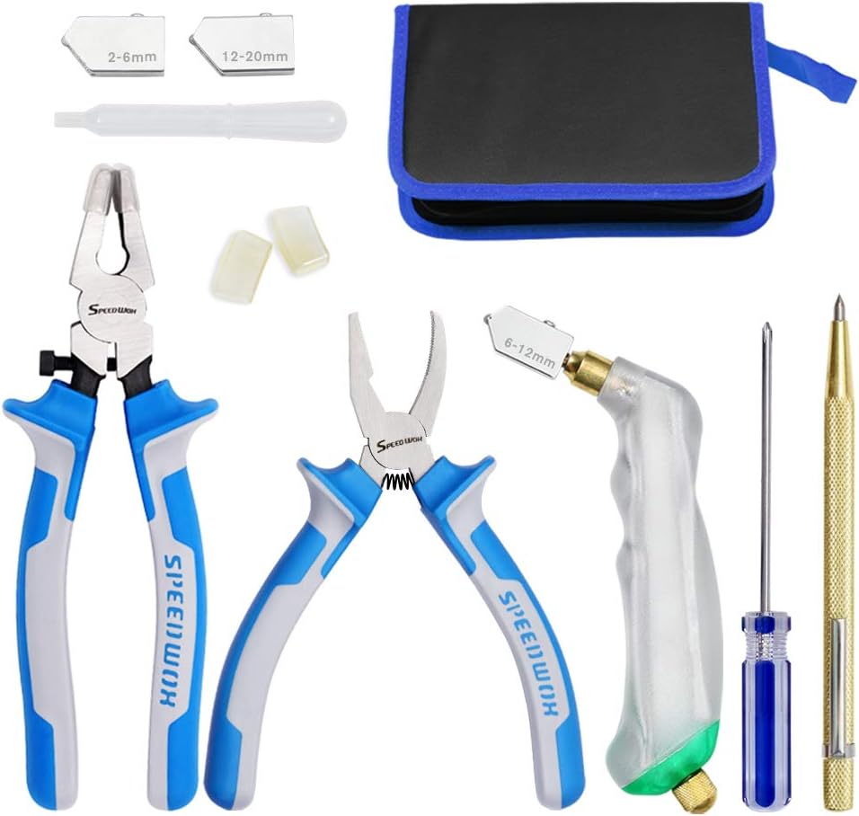 SPEEDWOX Heavy Duty Glass Running Pliers Breaker Grozer Pliers Set 12PCS Glass Cutting Tool Kit Oil Feed Glass Cutter with 3 Size Cutter Head Oil Dropper Screwdriver Engraved Pen Leather Zipper Bag