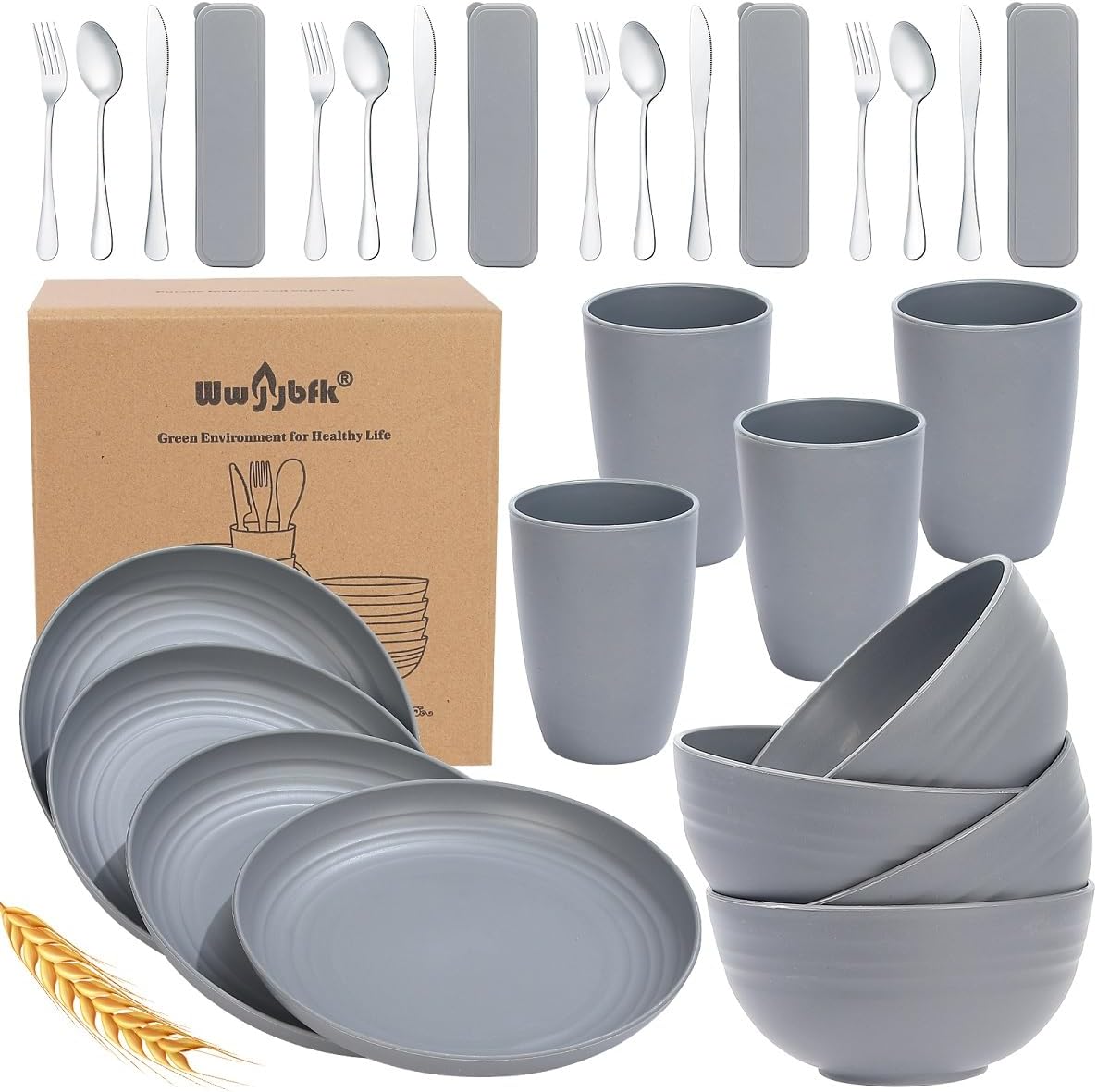 28PCS Wheat Straw Dinnerware Set for 4, Kitchen Wheat Straw Plates and Bowls Sets, College Dorm Dinnerware Dishes Set for 4 with Cutlery Set (Gray)