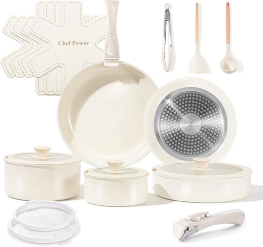 Ceramic Cookware Set with Detachable Handles, Healthy Nonstick Pans and Pots Set 19 Pcs, Induction Dishwasher Oven Safe Kitchen Set, PFAS PFOA & PTFE Free, Cream White