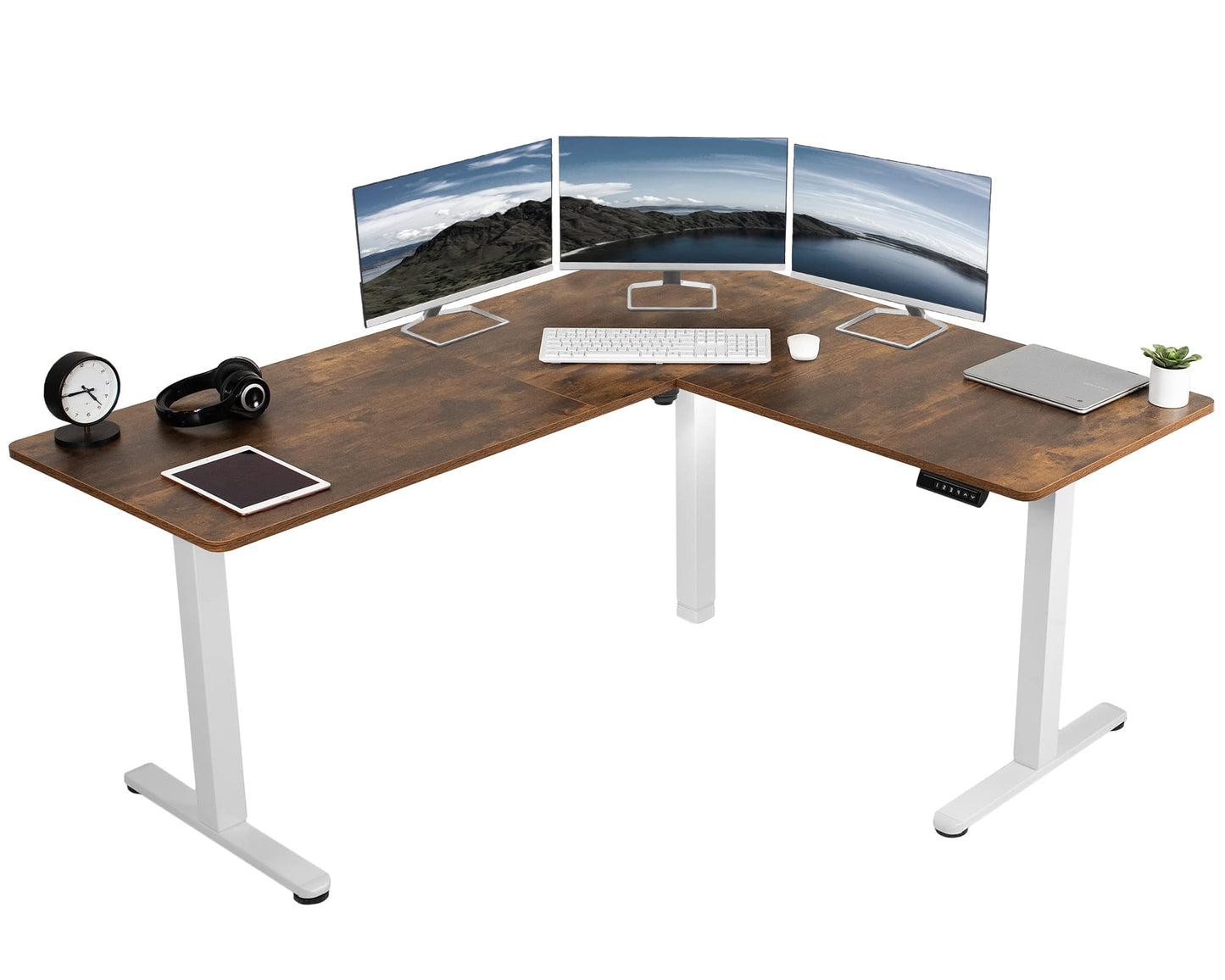 VIVO Electric Corner L-Shaped 63 x 55 inch Standing Desk, Height Adjustable, Memory Controller, White Top White Frame, DESK-E3CTW