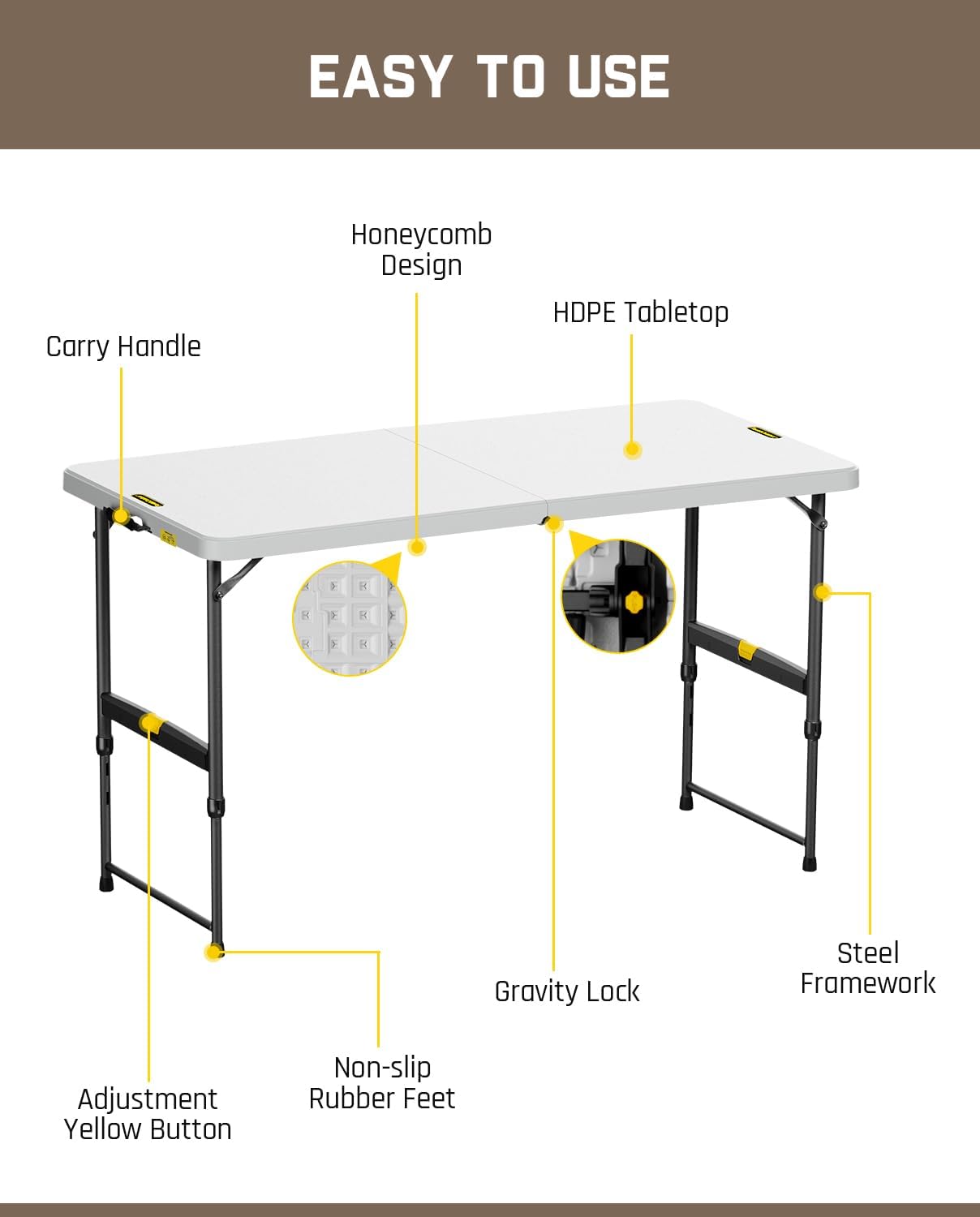 FanttikOutdoor Zeta X4 Pro, 4ft Portable Folding Table, One-Handed Height Adjustment, 4 Heights, Gravity Lock, Carry Handle, Indoor Outdoor Heavy Duty Fold-in-Half Utility Table, Party, Granite White