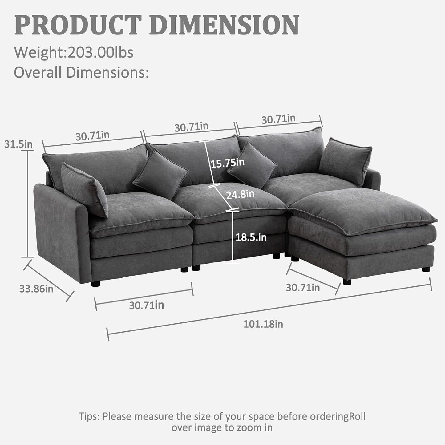 L-Shaped Modular Sectional Sofa, Deep 3-Seat Sofas with Moveable Ottoman, Comfy Modular Couch with Chenille Covers, Small Sofa Furniture for Living Room, Apartment, Studio, Office, Gray