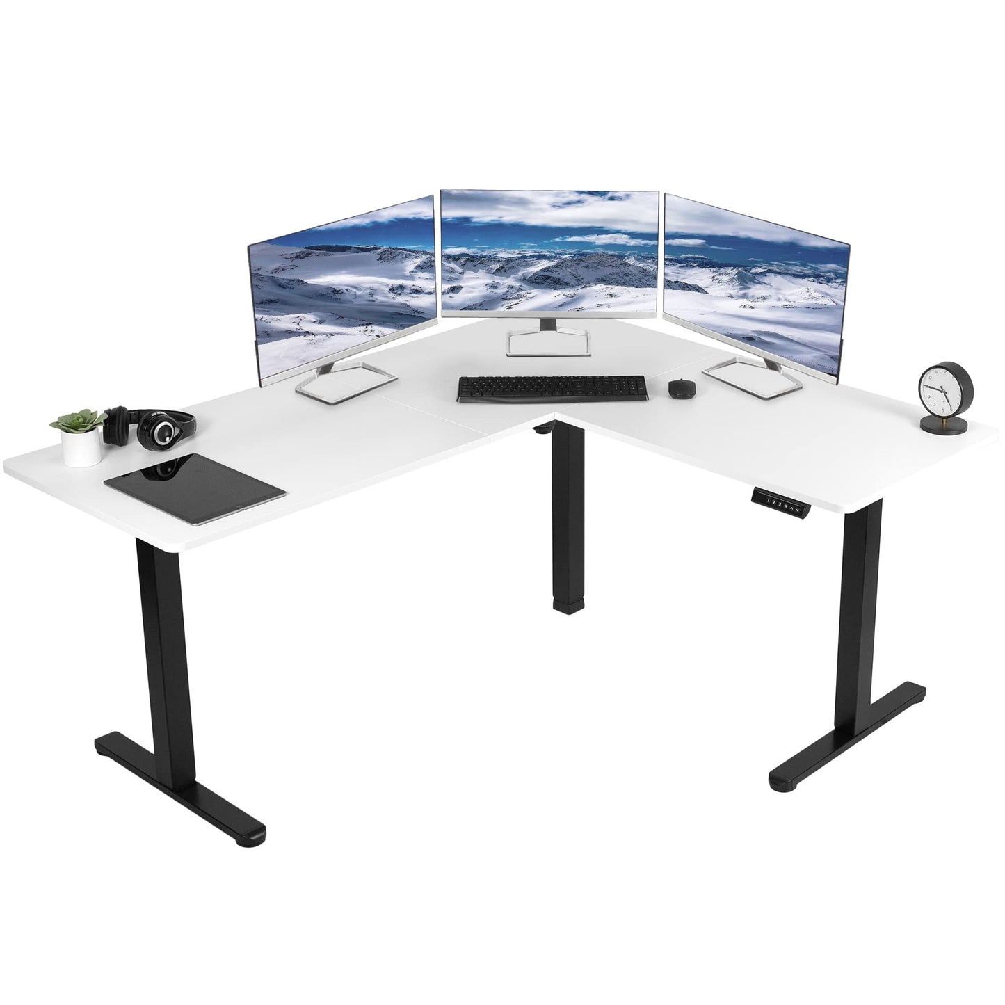 VIVO Electric Corner L-Shaped 63 x 55 inch Standing Desk, Height Adjustable, Memory Controller, White Top White Frame, DESK-E3CTW