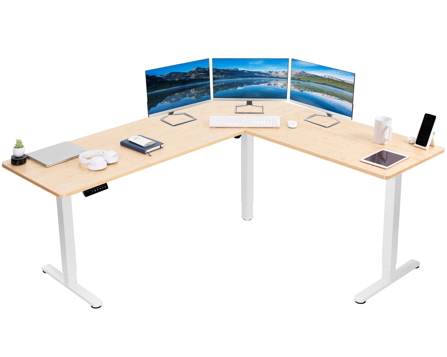 VIVO Electric Corner L-Shaped 63 x 55 inch Standing Desk, Height Adjustable, Memory Controller, White Top White Frame, DESK-E3CTW