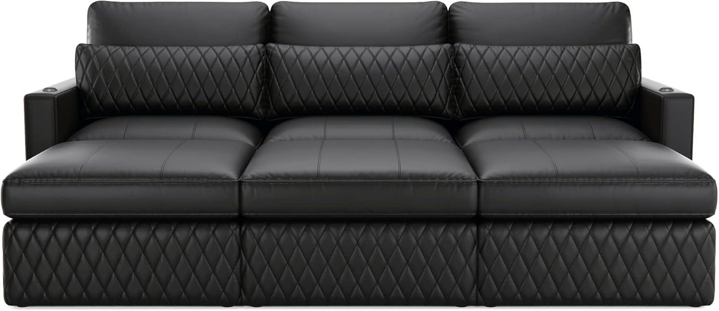 Seatcraft Diamante Sofa w/Three Ottomans, Living Room, Italian Leather, Down Feather Lining, Strong Engineered Reinforced Wood Frame, Black