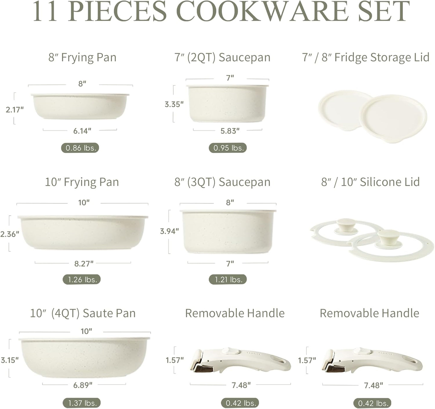 CAROTE Pots and Pans Set Non Stick, Cookware Sets, 11pcs Kitchen Set, Oven/Fridge Safe, Space Saving Pots Set, Nonstick Set with Versatile Removable/Detachable Handle, Induction RV Set, Cream White