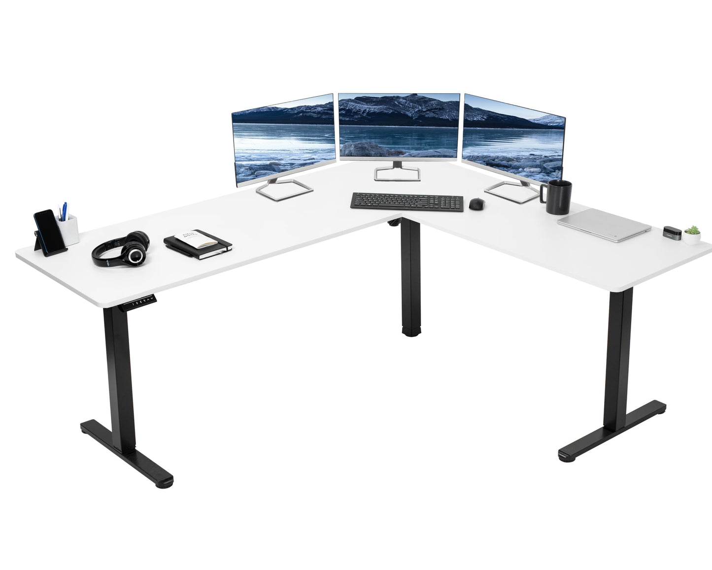 VIVO Electric Corner L-Shaped 63 x 55 inch Standing Desk, Height Adjustable, Memory Controller, White Top White Frame, DESK-E3CTW