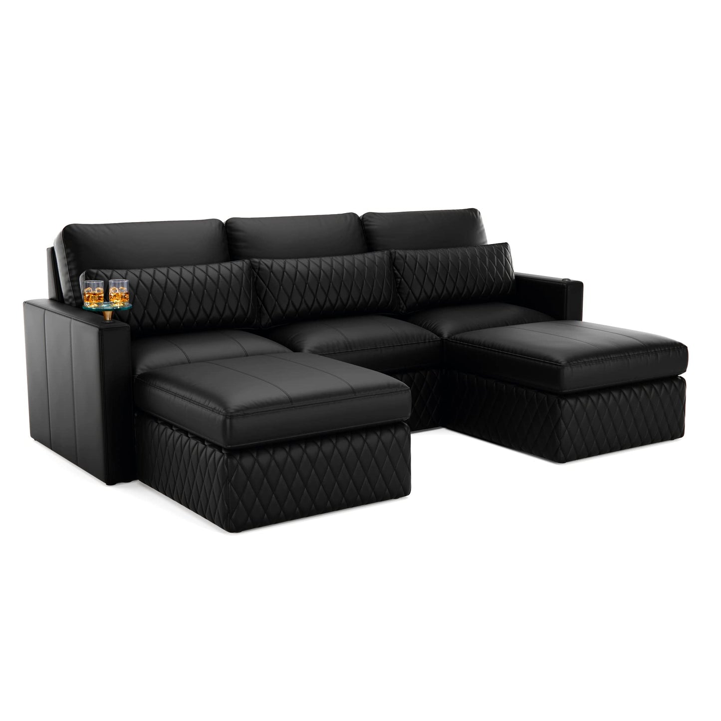 Seatcraft Diamante Sofa w/Three Ottomans, Living Room, Italian Leather, Down Feather Lining, Strong Engineered Reinforced Wood Frame, Black