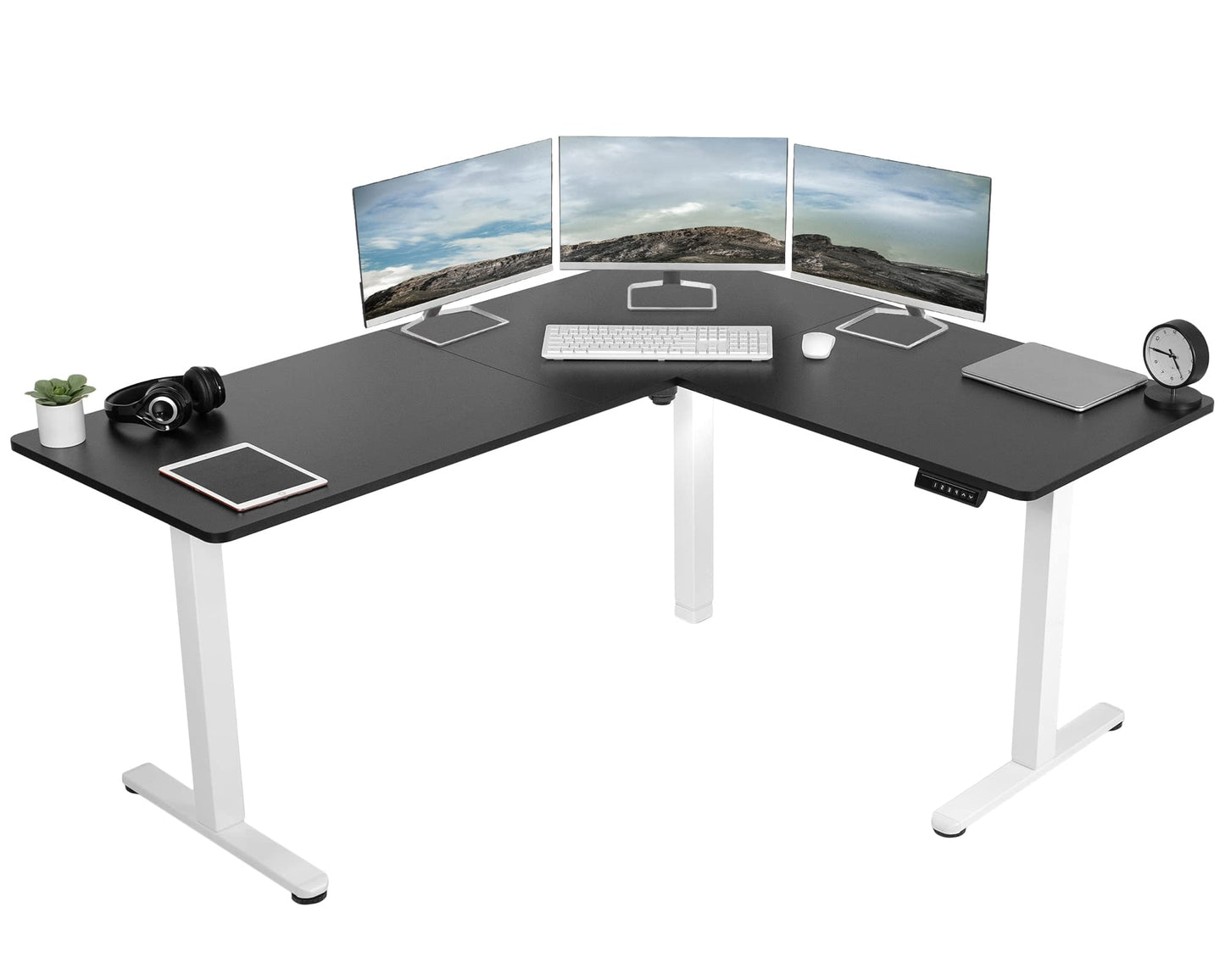 VIVO Electric Corner L-Shaped 63 x 55 inch Standing Desk, Height Adjustable, Memory Controller, White Top White Frame, DESK-E3CTW