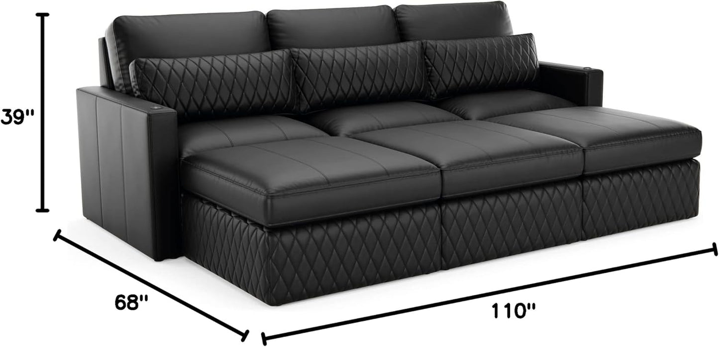 Seatcraft Diamante Sofa w/Three Ottomans, Living Room, Italian Leather, Down Feather Lining, Strong Engineered Reinforced Wood Frame, Black