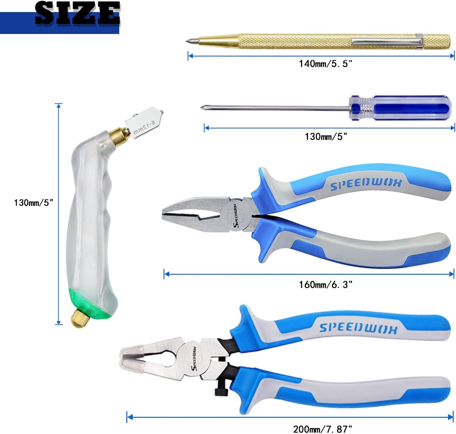 SPEEDWOX Heavy Duty Glass Running Pliers Breaker Grozer Pliers Set 12PCS Glass Cutting Tool Kit Oil Feed Glass Cutter with 3 Size Cutter Head Oil Dropper Screwdriver Engraved Pen Leather Zipper Bag