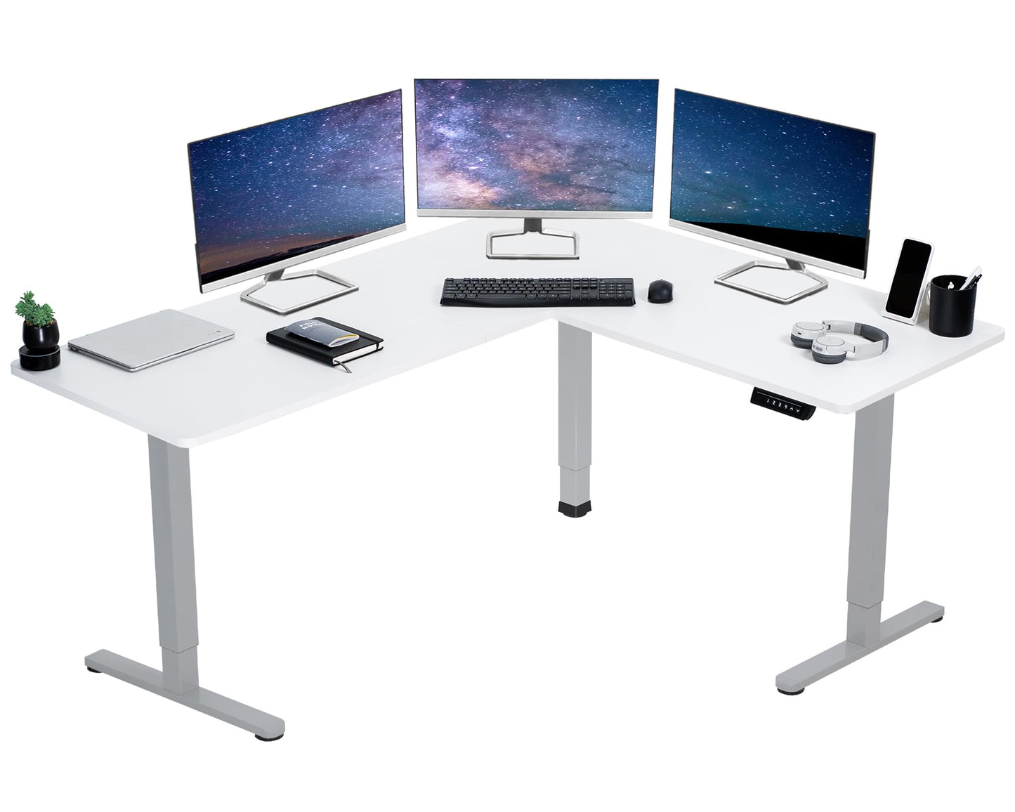 VIVO Electric Corner L-Shaped 63 x 55 inch Standing Desk, Height Adjustable, Memory Controller, White Top White Frame, DESK-E3CTW