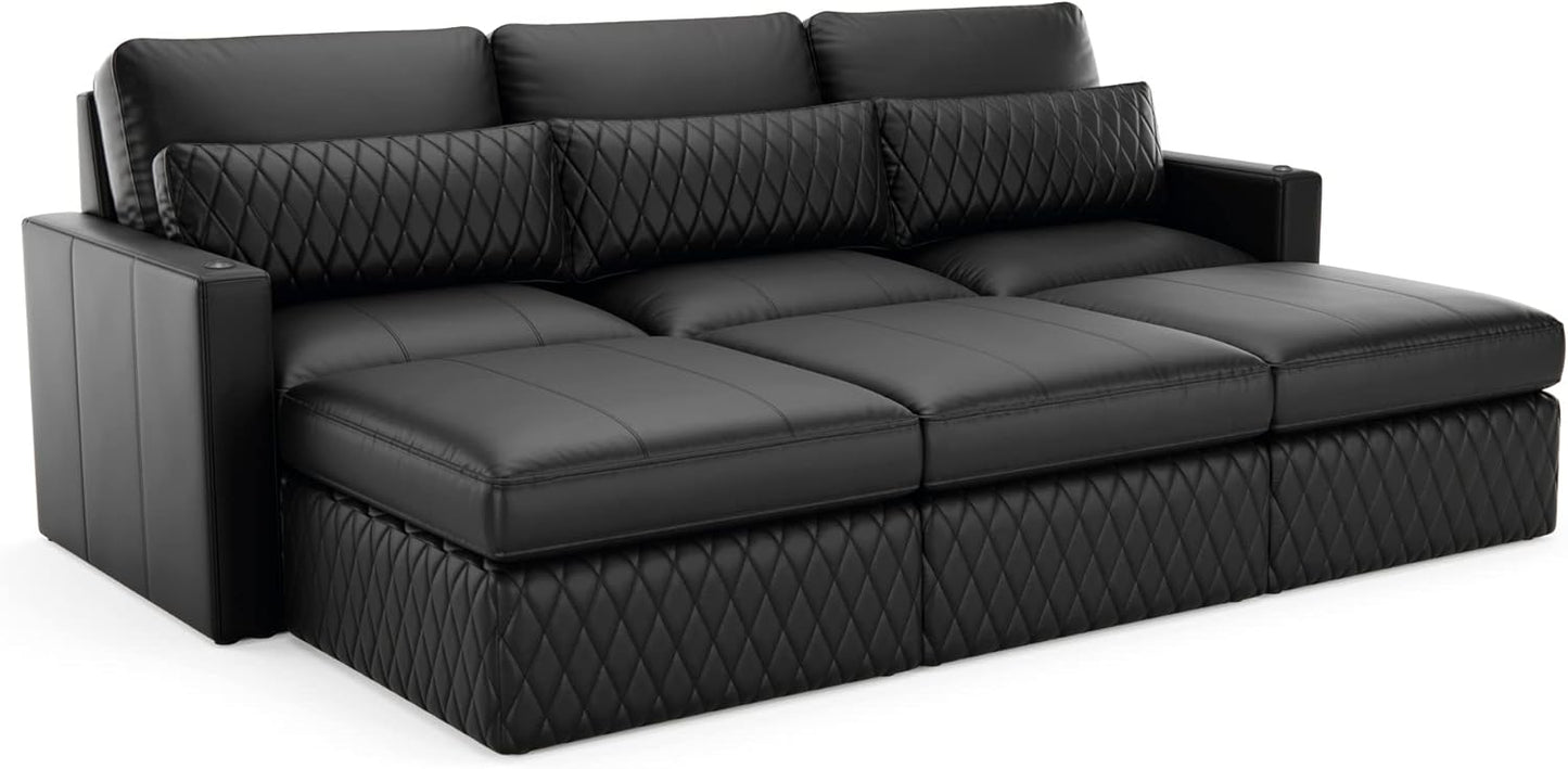 Seatcraft Diamante Sofa w/Three Ottomans, Living Room, Italian Leather, Down Feather Lining, Strong Engineered Reinforced Wood Frame, Black