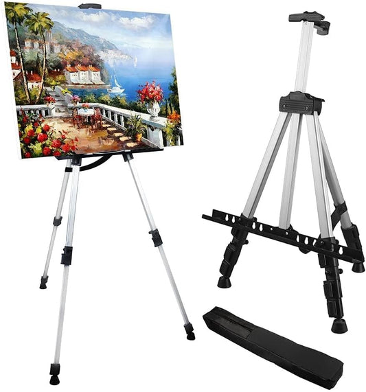 RRFTOK Art Painting Artist Easel Stand,Aluminum Metal Tripod Adjustable Art Easel for Painting Canvases Height from 17 to 66 Inch,Carry Bag for Table-Top/Floor Drawing and Displaying- Silver