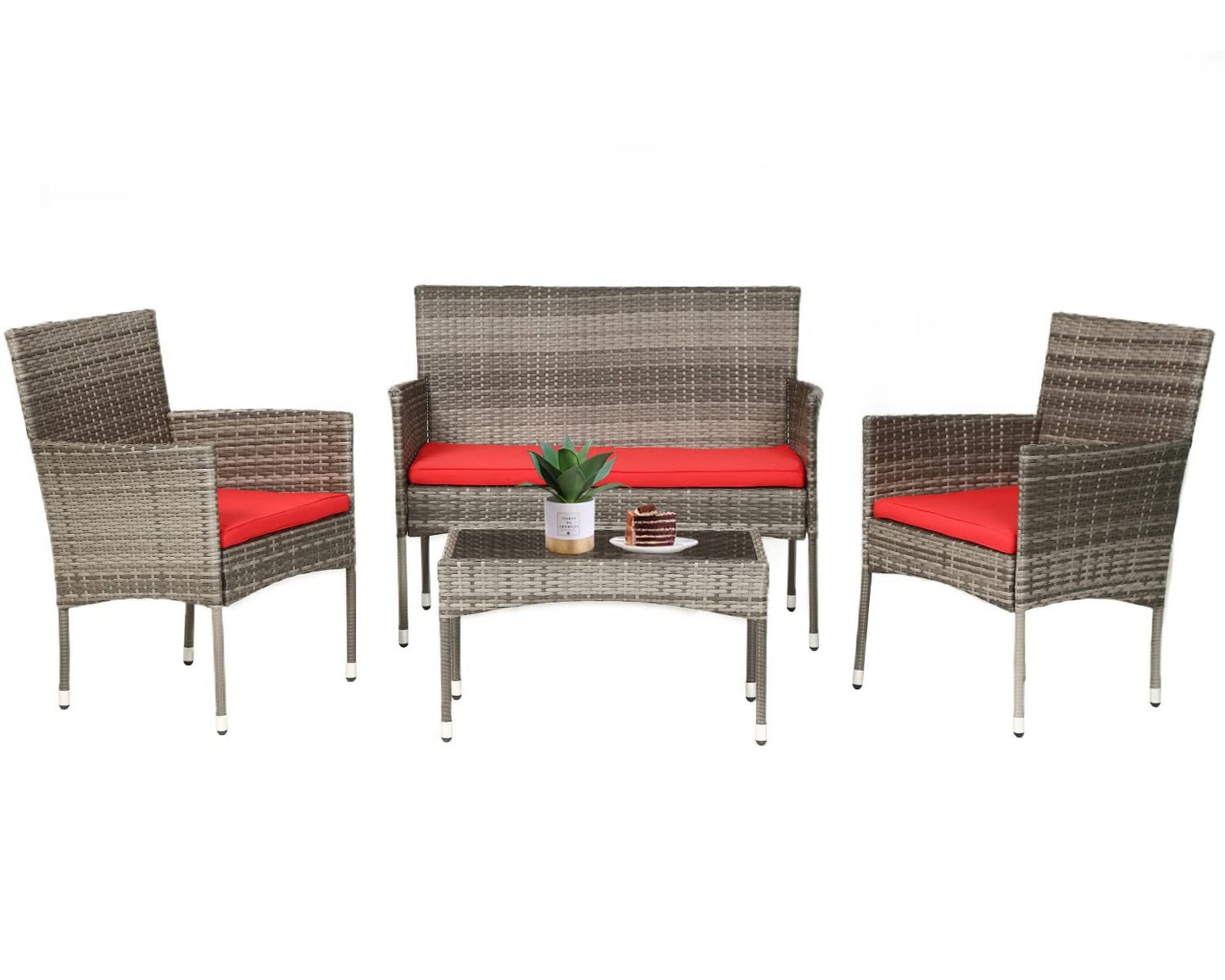 FDW Patio Furniture Set 4 Pieces Outdoor Rattan Chair Wicker Sofa Garden Conversation Bistro Sets for Yard,Pool or Backyard