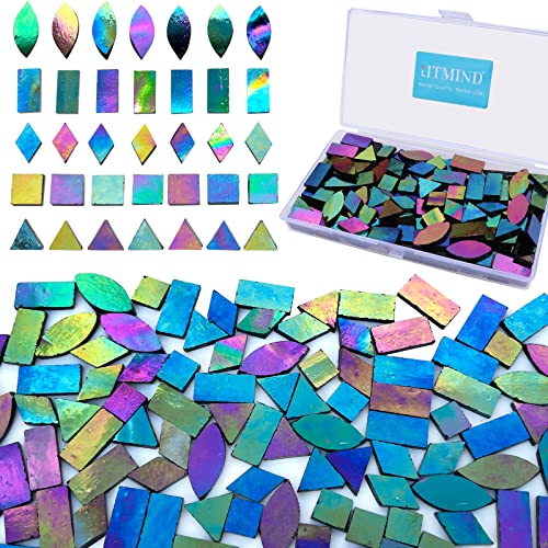 LITMIND Iridescent Glass Mosaic Tiles for Crafts, 240 Pieces 5 Shapes Mixed Stained Glass Sheets, Mosaic Kits for Adults (Iridescent Mix)