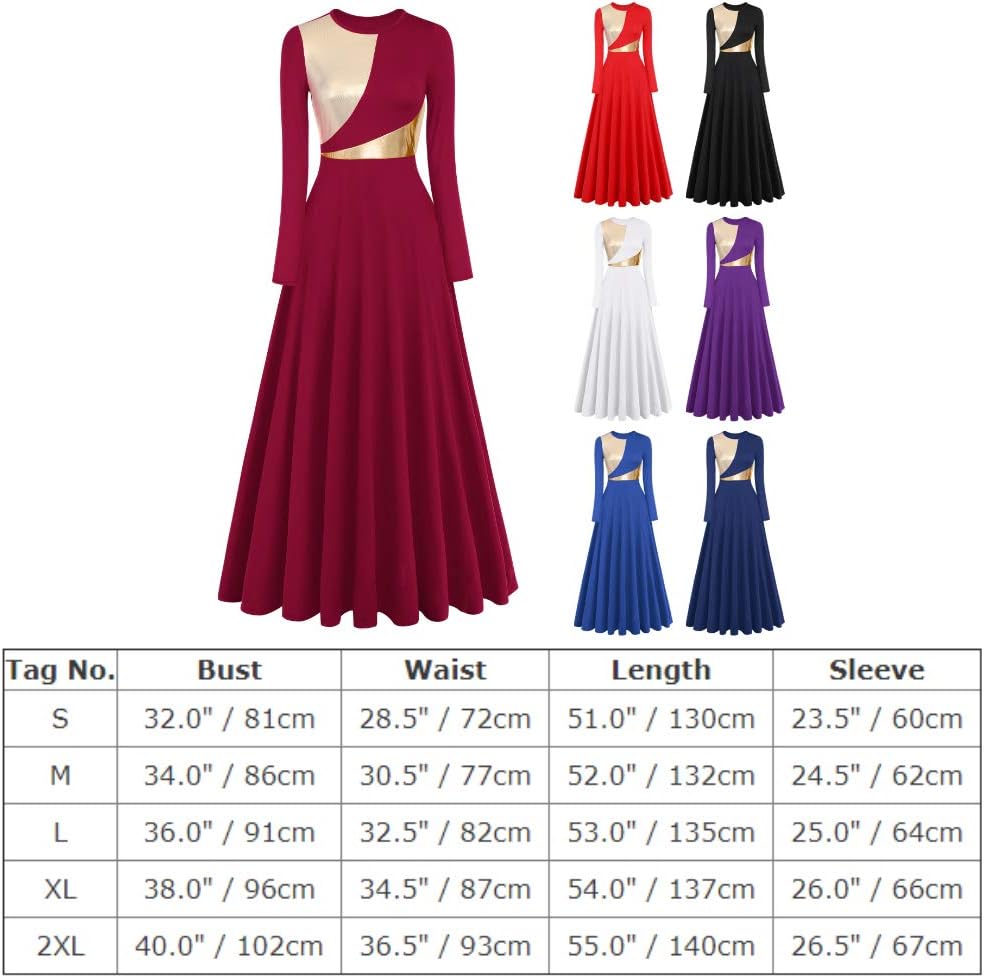 IBAKOM Liturgical Praise Dance Worship Long Dress for Women Metallic Gold Color Block Loose Fit Full Length Church Dancewear