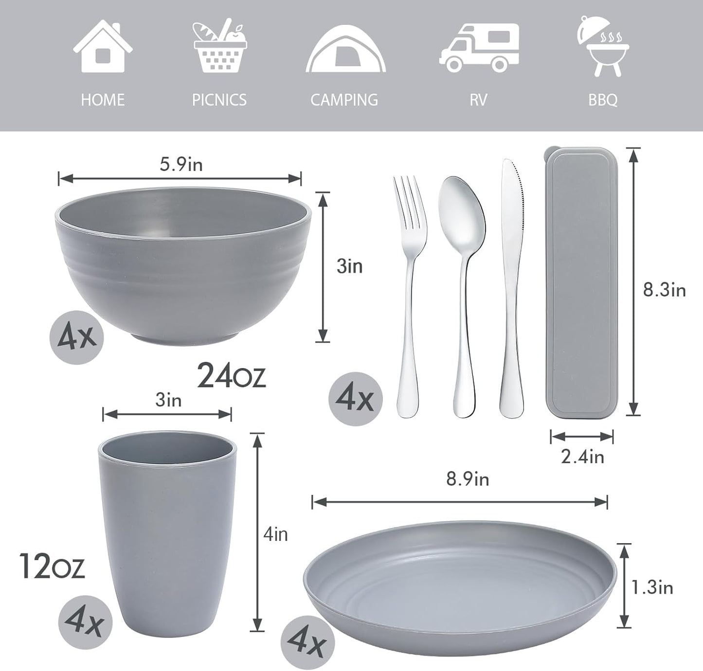 28PCS Wheat Straw Dinnerware Set for 4, Kitchen Wheat Straw Plates and Bowls Sets, College Dorm Dinnerware Dishes Set for 4 with Cutlery Set (Gray)