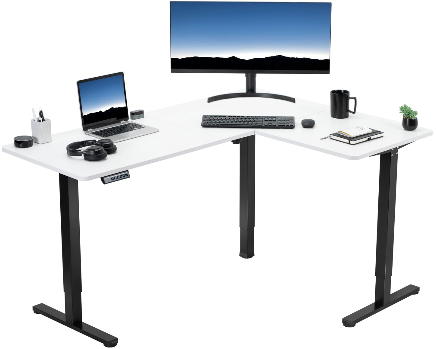 VIVO Electric Corner L-Shaped 63 x 55 inch Standing Desk, Height Adjustable, Memory Controller, White Top White Frame, DESK-E3CTW